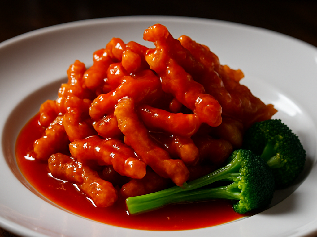 糖醋里脊成品图，金黄酥脆的肉条裹着亮红色的糖醋汁，摆盘精美，色泽诱人